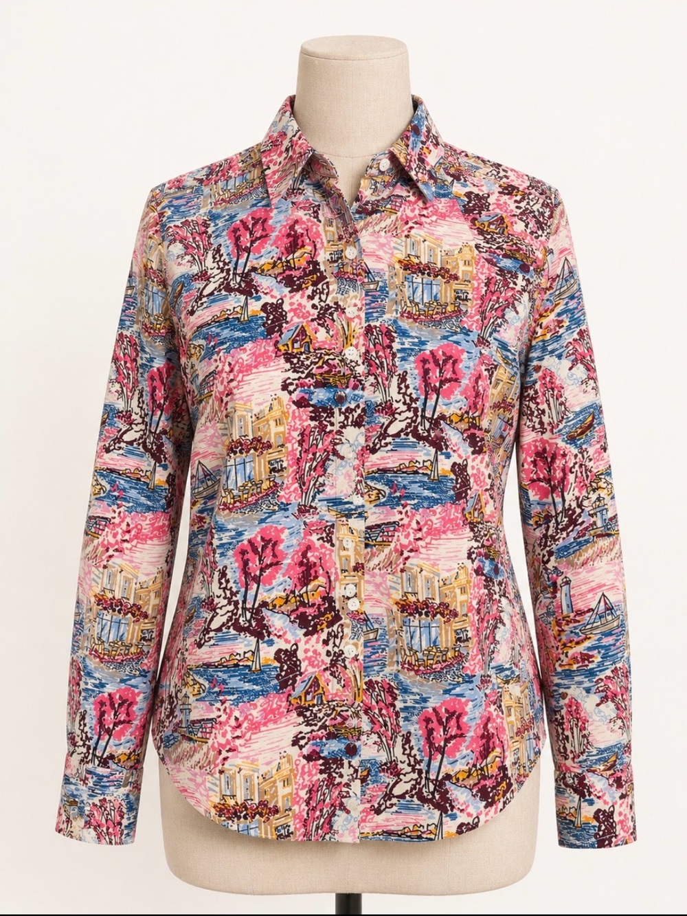 Talbots 100% Cotton Button Down Festive Coastal Print Blouse